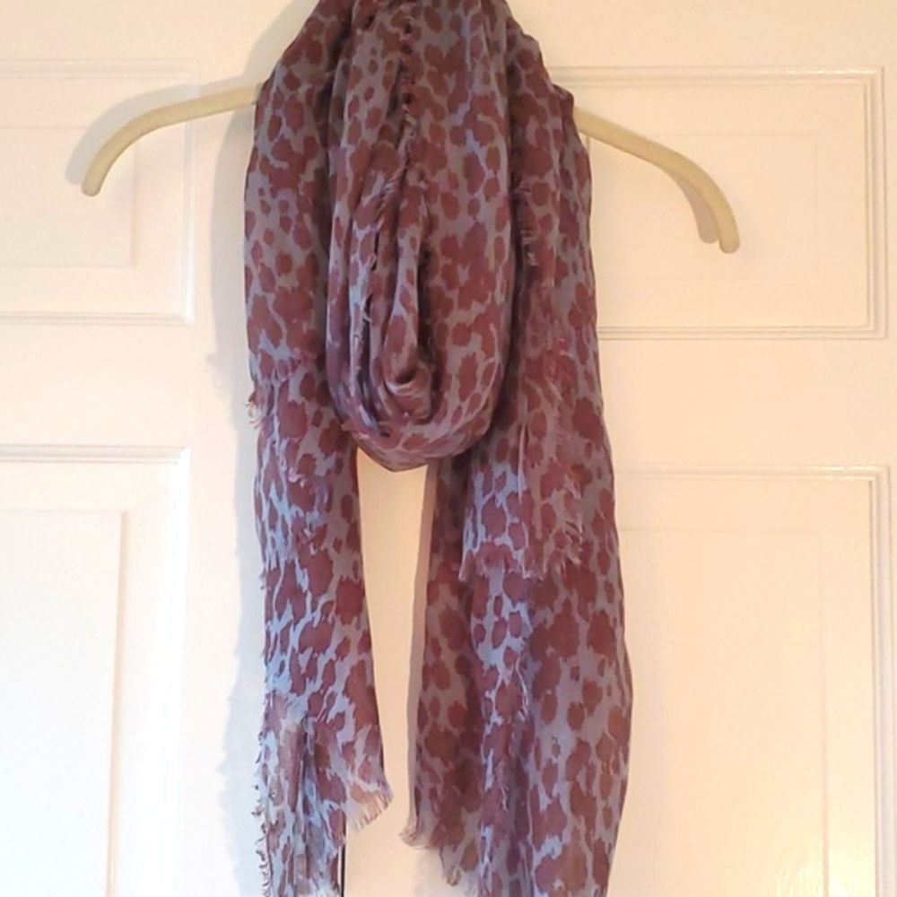 LEOPARD ANIMAL PRINT BLUE BROWN SCARF WRAP FALL SHEER FRINGE 29" by 70 - Picture 6 of 7